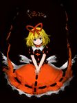  black_background blonde_hair blue_eyes hair_ribbon medicine_melancholy monrooru ribbon short_hair solo touhou 