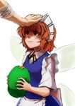  apron bandages brown_eyes brown_hair commentary_request dress extra fairy_maid fairy_wings hand_on_another's_head hat hat_removed headwear_removed holding holding_hat koyubi_(littlefinger1988) maid_headdress pointy_ears scar short_hair solo_focus touhou waist_apron wings 
