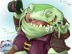  1girl blue_skin green_skin gun hat hat_removed headwear_removed jewelry league_of_legends licking_lips no_pupils open_mouth ring saliva size_difference sweatdrop tahm_kench teeth tongue tongue_out top_hat tristana vilde_loh_hocen weapon white_hair yellow_eyes yordle 