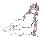  feet genso hair_censor horns legs long_hair looking_at_viewer monochrome nude oni oni_horns open_mouth original pointy_ears sidelocks simple_background sitting sketch solo white_background 