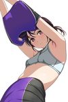  armpits arms_up blush brown_eyes brown_hair eyebrows_visible_through_hair highres matsunaga_kouyou original short_hair solo sports_bra standing track_and_field undressing upper_body 