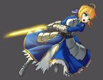  ahoge armor armored_dress artoria_pendragon_(all) blonde_hair dress drogoth excalibur fate/stay_night fate_(series) faulds gauntlets glowing glowing_sword glowing_weapon green_eyes hair_bun saber solo weapon 
