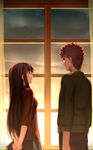  1girl black_hair blue_eyes brown_hair emiya_shirou fate/stay_night fate_(series) hair_down highres kotera_ryou long_hair looking_at_another spoilers sunset toosaka_rin window 