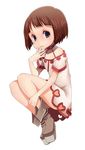  bad_id bad_twitter_id black_eyes boots brown_hair dress full_body hand_on_own_face looking_at_viewer original short_hair sitting smile solo uni_mate white_background white_dress 