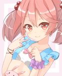  bare_shoulders hair_bobbles hair_ornament kantai_collection pink_hair rateratte sazanami_(kantai_collection) scrunchie short_hair short_twintails sleeveless smile solo swimsuit twintails v wrist_scrunchie 