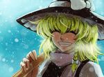 ^_^ blonde_hair braid broom closed_eyes grin hat kirisame_marisa koyubi_(littlefinger1988) scarf smile snow solo touhou upper_body witch_hat 