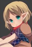  bad_id bad_twitter_id blonde_hair blush dress earrings from_side frown green_eyes grey_background jewelry leg_hug looking_at_viewer mizuhashi_parsee multicolored multicolored_clothes multicolored_dress pointy_ears scarf short_hair sitting solo touhou uni_mate 