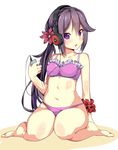  akebono_(kantai_collection) akg arm_behind_back arm_support barefoot bikini black_hair blush bonkiru digital_media_player flower hair_flower hair_ornament headphones highres holding kantai_collection long_hair looking_at_viewer navel open_mouth ponytail purple_bikini purple_eyes purple_hair scrunchie side_ponytail sitting solo swimsuit very_long_hair wariza wrist_scrunchie 