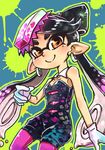  1girl aori_(splatoon) black_hair blush collarbone detached_collar domino_mask earrings food food_on_head gloves hair_rings highres jewelry long_hair mask mole mole_under_eye nazonazo_(nazonazot) object_on_head orange_eyes outline paint paint_splatter pantyhose pointy_ears purple_legwear short_jumpsuit splatoon_(series) splatoon_1 sushi tentacle_hair unitard white_gloves 