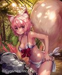  :&lt; animal_ears bikini bikini_pull bob_cut breasts cleavage coppelia_(futamine) dappled_sunlight fox_ears fox_tail jpeg_artifacts large_breasts leaning_forward looking_at_viewer navel pink_eyes pink_hair sarong shingeki_no_bahamut solo strap_gap sunlight swimsuit tail undressing 