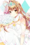  blush bouquet breasts brown_eyes brown_hair chromatic_aberration cleavage dress flower liechi long_hair looking_at_viewer love_live! love_live!_school_idol_festival love_live!_school_idol_project medium_breasts minami_kotori one_side_up rose smile solo tiara wedding_dress white_flower white_rose 