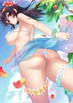  ass bikini black_eyes black_hair blush breasts cloud day dragonmaterial flower frilled_bikini frills hair_flower hair_ornament hibiscus konohana_enishi large_breasts long_hair looking_back original petals plumeria sarong see-through sky smile solo swimsuit tree twitter_username v white_bikini 