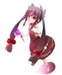  anklet bad_id bad_twitter_id barefoot black_dress black_hair blood bracelet collar dress hair_bobbles hair_ornament highres holding jewelry original red_eyes solo standing stick strap_slip twintails uni_mate white_background 