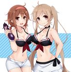  adapted_costume ahoge bikini_top breast_hold breasts brown_hair cleavage colis_(regunm772) eggplant hairband kantai_collection long_hair medium_breasts midriff multiple_girls murasame_(kantai_collection) navel red_hairband shiratsuyu_(kantai_collection) short_shorts shorts sidelocks twintails unbuttoned very_long_hair 