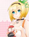  1girl bare_shoulders blonde_hair blue_eyes choker doll dress edna_(tales) gloves hair_ornament hairband hat plaid_background ribbon short_hair side_ponytail tales_of_(series) tales_of_zestiria 