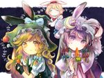  alice_margatroid animal_ears animal_hat black_gloves blonde_hair bow braid bunny_ears capelet carrot closed_eyes crescent fake_animal_ears fingerless_gloves gloves hair_bow hair_ornament hairband hat hat_bow highres kemonomimi_mode kirisame_marisa long_hair long_sleeves looking_at_another mob_cap mouth_hold multiple_girls mushroom patchouli_knowledge puffy_sleeves purple_eyes purple_hair sanso shirt short_hair short_sleeves side_braid single_braid skirt smile sweatdrop touhou vest witch_hat yellow_eyes 