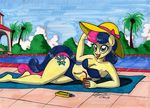  2015 anthro anthrofied bikini bonbon_(mlp) breasts cleavage clothed clothing drink equine friendship_is_magic horse lying mammal my_little_pony newyorkx3 pony pool_(disambiguation) solo straw sun_hat swimming_pool swimsuit traditional_media_(artwork) water 