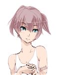  2015 4suke blue_eyes breasts cleavage collarbone dated kantai_collection ponytail shiranui_(kantai_collection) short_hair short_ponytail simple_background small_breasts solo tank_top twitter_username upper_body white_background 