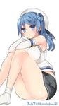  :&gt; ass bare_shoulders black_skirt blue_eyes blue_hair blush bobby_socks breast_press breasts dated double_bun gloves hand_on_own_face hat highres impossible_clothes kantai_collection knees_together_feet_apart kuro_chairo_no_neko large_breasts long_hair looking_away looking_to_the_side miniskirt paw_print pleated_skirt ringed_eyes school_uniform serafuku simple_background sitting skirt sleeveless smile socks solo twitter_username urakaze_(kantai_collection) white_background white_gloves white_hat 