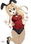  animal_ears blonde_hair blue_eyes bunny_ears bunnysuit high_heels jumping k-on! kotobuki_tsumugi long_hair official_style open_mouth pantyhose ragho_no_erika round_teeth smile solo teeth wrist_cuffs 