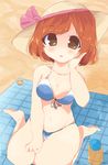  bikini brown_eyes brown_hair girlfriend_(kari) hand_on_own_face hat highres sitting sun_hat swimsuit tana16 wariza yamano_kodama 