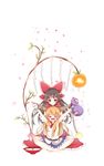  \(^o^)/ bow brown_eyes brown_hair chain cup gourd hair_bow hair_tubes hakurei_reimu highres horn_ribbon horns ibuki_suika miy@ multiple_girls orange_eyes petals plant ribbon sakazuki smile torn_clothes touhou 