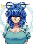  blue_hair breasts cleavage hair_ornament hair_rings hair_stick kaku_seiga koyubi_(littlefinger1988) large_breasts shawl short_hair simple_background smile solo touhou troll_face upper_body 