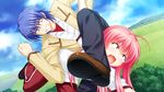  1girl abdominal_stretch ahoge angel_beats! blue_hair blue_sky clenched_teeth cloud day dutch_angle fang game_cg hinata_(angel_beats!) horizon long_hair na-ga octopus_hold open_mouth outdoors pink_hair shoes sky submission_hold tears teeth wrestling yui_(angel_beats!) 