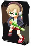  brown_hair dated domino_mask full_body green_eyes headphones idolmaster idolmaster_cinderella_girls ink_tank_(splatoon) inkling mask nagian parody school_uniform short_hair skirt smile solo splatoon_(series) splatoon_1 style_parody super_soaker tada_riina tentacle_hair 