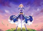  ahoge armor armored_dress artoria_pendragon_(all) blonde_hair dress excalibur fate/stay_night fate_(series) field gauntlets hands_on_hilt planted_sword planted_weapon riku_(lingsky) saber solo sword weapon 