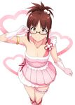  adjusting_eyewear akizuki_ritsuko breasts brown_eyes brown_hair cleavage collarbone dress glasses gloves heart highres idolmaster idolmaster_(classic) jewelry looking_at_viewer medium_breasts necklace pendant pink_dress pink_gloves revision smile solo thigh_strap thighs tsurui 