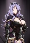  armor black_armor breasts camilla_(fire_emblem_if) cleavage daniel_macgregor fire_emblem fire_emblem_if gauntlets hair_over_one_eye hairband highres horns large_breasts long_hair looking_at_viewer md5_mismatch purple_eyes purple_hair resized smile solo upscaled weapon 