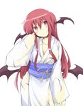  alternate_costume breasts chata_maru_(irori_sabou) demon_girl demon_wings head_tilt head_wings japanese_clothes kimono koakuma large_breasts long_hair long_sleeves low_wings obi red_eyes red_hair sash smile solo touhou very_long_hair wide_sleeves wings 