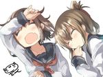  anchor_symbol brown_hair closed_eyes darkside fang folded_ponytail ikazuchi_(kantai_collection) inazuma_(kantai_collection) kantai_collection long_hair long_sleeves lying multiple_girls neckerchief open_mouth ponytail school_uniform serafuku short_hair simple_background sleeping white_background yawning 