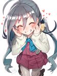  ^_^ ahoge artist_name blush boots bow bowtie closed_eyes commentary_request grey_hair grin hair_ribbon heart kantai_collection kiyoshimo_(kantai_collection) long_hair long_sleeves low_twintails mika_pikazo pantyhose ribbon school_uniform signature smile solo twintails uniform very_long_hair white_background 