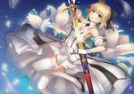  ahoge artoria_pendragon_(all) blonde_hair caliburn dress fate/stay_night fate/unlimited_codes fate_(series) flower green_eyes lily_(flower) ponytail saber saber_lily sheath solo stripe_(artist) thighhighs unsheathing white_legwear 