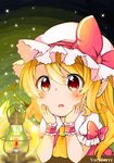  berry_jou blush bow dress flandre_scarlet hat hat_bow highres lantern mob_cap open_mouth red_bow red_dress red_eyes red_ribbon ribbon short_hair short_sleeves solo touhou wrist_cuffs 