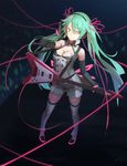  2015 aqua_eyes aqua_hair bare_shoulders black_gloves breasts cable cancer_(zjcconan) character_name cleavage elbow_gloves electric_guitar full_body gloves guitar hatsune_miku instrument long_hair medium_breasts nijigen_dream_fever_(vocaloid) number ribbon signature smile solo standing thighhighs twintails very_long_hair vocaloid 