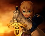  ahoge armor armored_dress artoria_pendragon_(all) blonde_hair dress excalibur fate/stay_night fate_(series) gauntlets green_eyes saber sen_(77nuvola) solo sunset sword tears weapon 