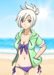  1girl bikini breasts cleavage league_of_legends looking_at_viewer navel ponytail red_eyes riven_(league_of_legends) solo standing swimsuit white_hair 