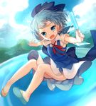  bare_legs blue_dress blue_eyes blue_hair blue_sky cirno cloud day dress fang flip-flops flying food highres ice ice_wings lake looking_at_viewer open_mouth outstretched_arms paragasu_(parags112) popsicle puffy_short_sleeves puffy_sleeves sandals shirt short_sleeves sky smile solo touhou upskirt wings 