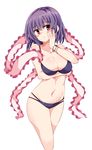  bare_shoulders bikini blush bracelet breasts cowboy_shot hand_on_own_face highres jewelry large_breasts layered_bikini maturiuta_sorato nagae_iku navel no_hat no_headwear pink_hair purple_bikini purple_hair shawl short_hair simple_background solo swimsuit touhou white_background 