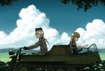  bad_id bad_pixiv_id blonde_hair blue_sky cloud day glasses ground_vehicle half-track hanna_rudel kettenkrad long_hair military military_uniform military_vehicle motor_vehicle motorcycle multiple_girls pantyhose perrine_h_clostermann ponytail reading shiratama_(hockey) sky strike_witches tank uniform world_witches_series 