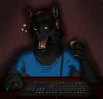  2015 alcohol animal_ears anthro beer beverage buzzed canine clothed clothing computer darkwolf_(darkwolfdemon) drink drunk fur hair headset keyboard lets lets_play lilythekitsune looking_at_viewer male mammal microphone open_mouth playing scar shirt silly smile solo wolf yellow_eyes 