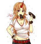  2015 bad_id bad_twitter_id belt blonde_hair breasts casual cleavage contemporary cuffs dated earrings eating food hand_on_hip horn hoshiguma_yuugi jewelry large_breasts long_hair looking_at_viewer makizushi midriff pointy_ears red_eyes shackles shirt solo sushi t-shirt touhou twitter_username yagura_miketa 