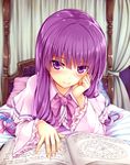  arm_support bed blush book canopy_bed capelet grimoire hair_ribbon highres kitou_kaitai long_hair long_sleeves looking_at_viewer lying magic_circle no_hat no_headwear on_bed on_stomach patchouli_knowledge pillow purple_eyes purple_hair ribbon smile solo touhou tress_ribbon very_long_hair wide_sleeves 