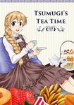  bel-tree blonde_hair blue_eyes braid cup dress food french_fries fruit highres k-on! kotobuki_tsumugi long_hair sitting strawberry sweets teacup teapot tiered_tray 