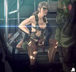  1girl bad_id bad_tumblr_id bikini blue_eyes breasts brown_hair cleavage elbow_gloves explosive facepaint front-tie_bikini front-tie_top gloves grenade gun highres holster jesus_avalos long_hair medium_breasts metal_gear_(series) metal_gear_solid metal_gear_solid_v mismatched_gloves pantyhose planted_weapon ponytail quiet_(metal_gear) rifle single_elbow_glove sitting sniper_rifle soldier suspenders swimsuit thigh_holster torn_clothes torn_legwear weapon 