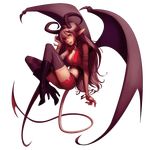  1girl artist_request belt black_thighhighs character_request demon deviantart female high_heels horn horns long_hair midriff navel original pointy_ears purple_eyes red_skirt simple_background skirt smile solo source_request succubus tail thighhighs wings zettai_ryouiki 