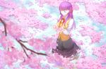  cherry_blossoms closed_eyes fate/stay_night fate_(series) flower hair_ribbon homurahara_academy_uniform long_hair matou_sakura mitsuki_hana petals purple_hair ribbon school_uniform solo tree wading 